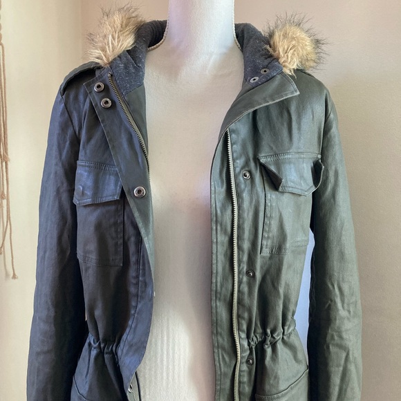 Joie Olive Green Coat Jacket with Fur Hoodie - Picture 3 of 6